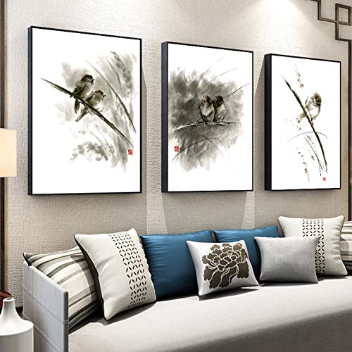GOFOHIMI Chinesische Zen-Wanddrucke Schwarzweiss-Vogel-Lotus-Plakat Leinwand-Wandkunst-Bilder Bilder für Wohnzimmer-Wohnkultur 40x60cmx3 Rahmenlos von GOFOHIMI