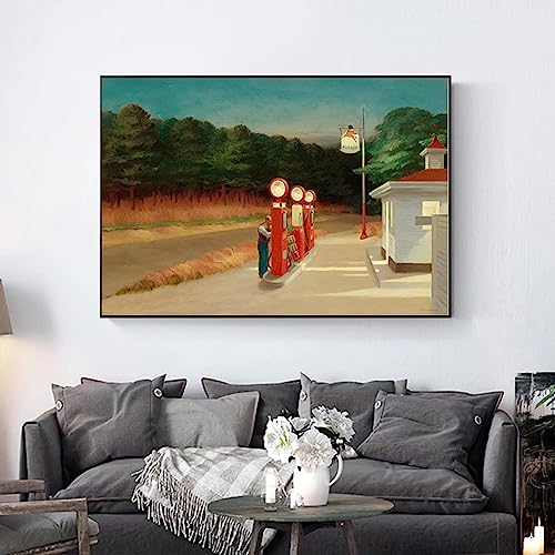 GOFOHIMI Edward Hopper Tankstelle Leinwandgemälde, Moderne Poster und Drucke, Wandkunst, Bilder für Wohnzimmer, Wanddekoration, 80x140cm(31x55in), mit Rahmen von GOFOHIMI