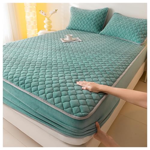 GOFOHIMI Verdickter gesteppter Spannbettschutz mit 2-Kissenbezügen, All-Inclusive Stretch-Bettlaken Matratze Schutzhülle Milch Fleece Bettdecke für Schlafzimmer Dekor,Bohnengrün,90 * 200cm von GOFOHIMI
