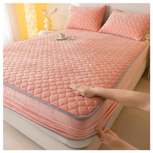 GOFOHIMI Verdickter gesteppter Spannbettschutz mit 2-Kissenbezügen, All-Inclusive Stretch-Bettlaken Matratze Schutzhülle Milch Fleece Bettdecke für Schlafzimmer Dekor,Hell-Pink,180 * 200cm von GOFOHIMI