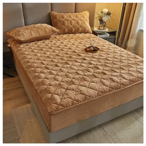 GOFOHIMI Samt-Flanell-Spannbettlaken, Ultra weiches gestepptes Fleece-Bettlaken, Luxus-einfarbiger Plüsch-Matratzenschutz-Abdeckung mit 12-Zoll-tiefer Tasche,Khaki,180x200cm von GOFOHIMI