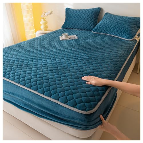 GOFOHIMI Verdickter gesteppter Spannbettschutz mit 2-Kissenbezügen, All-Inclusive Stretch-Bettlaken Matratze Schutzhülle Milch Fleece Bettdecke für Schlafzimmer Dekor,Blau,150 * 200cm von GOFOHIMI