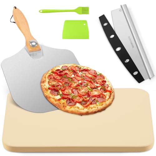 GOFOWRK Pizzastein 5er Set, 38 x 30 cm Großes Rechteckiges Pizzastein für Backofen & Gasgrill & Außengrill mit Metall-Pizzaschieber & Pizzaschneider, 1,5 cm Verdickt Backstein für Backofen Brot von GOFOWRK
