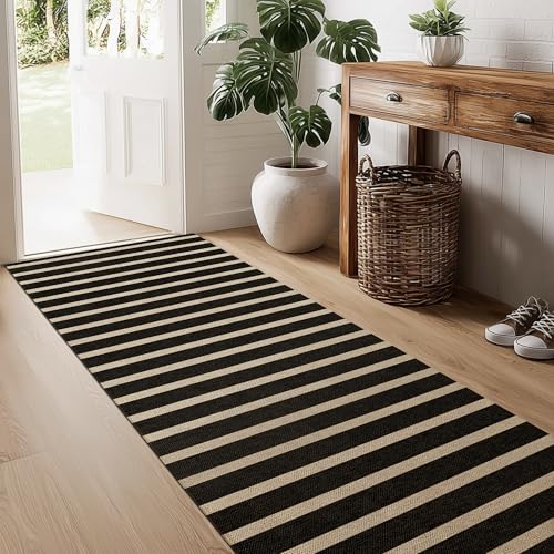 Waschbarer, gestreifter Jute-Läufer, 5 x 20 cm, schwarz, Boho, geometrisch, für drinnen und draußen, niedriger Flor, leicht, rutschfest, neutral, lang, Teppichmatte für Flur, Küche, 2,4 m Waschbarer, gestreifter Jute-Läufer, 5 x 20 cm, schwarz, Boho, geometrisch, für drinnen und draußen, niedriger Flor, leicht, rutschfest, neutral, lang, Teppichmatte für Flur, Küche, 2,4 m von GOGINNY