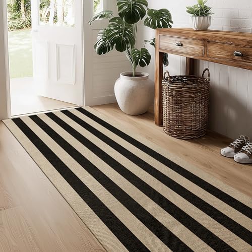 Waschbarer, gestreifter Jute-Läufer, 5 x 20 cm, schwarz, Boho, geometrisch, für drinnen und draußen, niedriger Flor, leicht, rutschfest, neutral, lang, Teppichmatte für Flur, Küche, 2,4 m Waschbarer, gestreifter Jute-Läufer, 5 x 20 cm, schwarz, Boho, geometrisch, für drinnen und draußen, niedriger Flor, leicht, rutschfest, neutral, lang, Teppichmatte für Flur, Küche, 2,4 m von GOGINNY