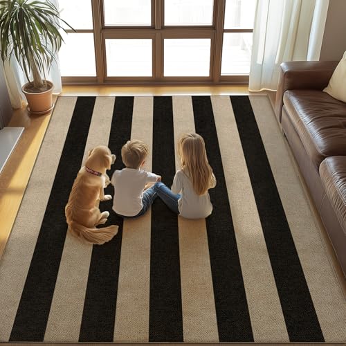 Waschbarer, gestreifter Jute-Teppich, 7,6 x 12,7 cm, schwarz, für drinnen und draußen, Terrasse, geometrisch, neutral, kleine Flächenteppiche, niedriger Flor, leicht, rutschfest, für Wohnzimmer Waschbarer, gestreifter Jute-Teppich, 7,6 x 12,7 cm, schwarz, für drinnen und draußen, Terrasse, geometrisch, neutral, kleine Flächenteppiche, niedriger Flor, leicht, rutschfest, für Wohnzimmer von GOGINNY