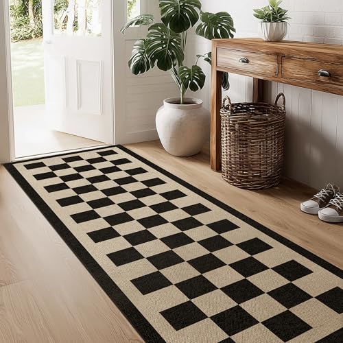 Waschbarer, karierter Jute-Läufer, 5 x 15 cm, schwarz, Schachbrettmuster, Boho, geometrisch, für drinnen und draußen, niedriger Flor, leicht, rutschfest, neutral, langer Läufer, Teppich für Flur Waschbarer, karierter Jute-Läufer, 5 x 15 cm, schwarz, Schachbrettmuster, Boho, geometrisch, für drinnen und draußen, niedriger Flor, leicht, rutschfest, neutral, langer Läufer, Teppich für Flur von GOGINNY