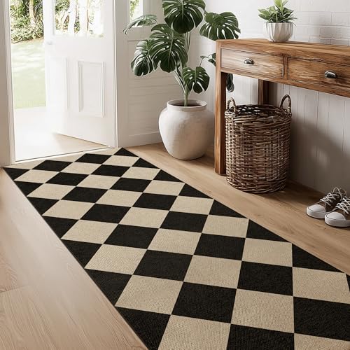 Waschbarer, karierter Jute-Läufer, Teppich, 5 x 20 cm, schwarz, Diamant-Schachbrett, Boho, geometrisch, für drinnen und draußen, niedriger Flor, leicht, rutschfest, langer Läufer für Flur, Küche, 2,4 Waschbarer, karierter Jute-Läufer, Teppich, 5 x 20 cm, schwarz, Diamant-Schachbrett, Boho, geometrisch, für drinnen und draußen, niedriger Flor, leicht, rutschfest, langer Läufer für Flur, Küche, 2,4 von GOGINNY