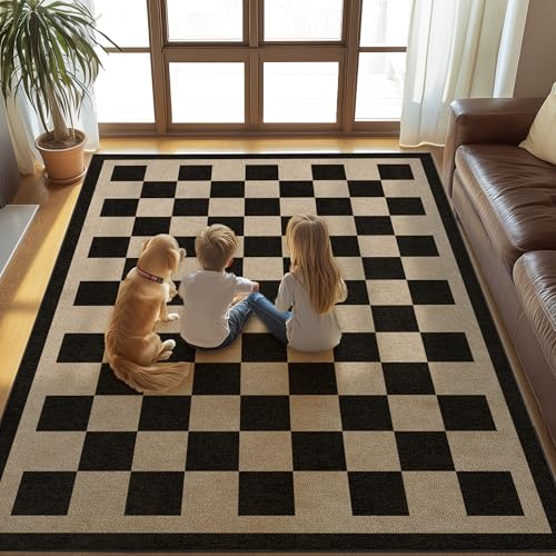Waschbarer, karierter einfacher Jute-Teppich, 7,6 x 12,7 cm, schwarzes Schachbrett, Boho, geometrisch, für drinnen und draußen, kleine Teppiche, niedriger Flor, leicht, rutschfest, neutral, für Waschbarer, karierter einfacher Jute-Teppich, 7,6 x 12,7 cm, schwarzes Schachbrett, Boho, geometrisch, für drinnen und draußen, kleine Teppiche, niedriger Flor, leicht, rutschfest, neutral, für von GOGINNY