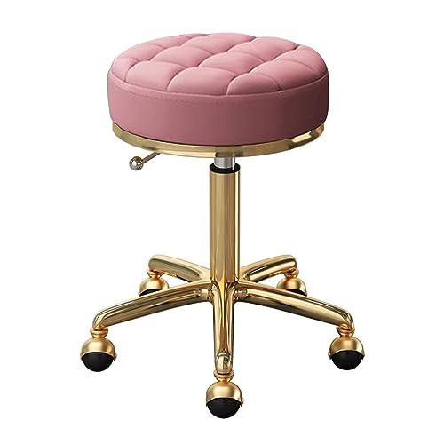 GOGUANG Runder Beauty-Hocker auf Rollen, Verstellbarer Drehstuhl mit PU-Ledersitz und Goldenem Edelstahlrahmen für Drafting Spa Salon Massage, 47–64 cm Hubhöhe(Color:Pink) von GOGUANG