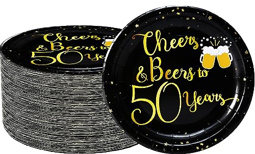 50 Stück Teller zum 50. Geburtstag, Partyzubehör, 17,8 cm 50. Dessertteller, Prost bis 50 Jahre, Kuchenteller für Prost und Bier, Schwarz / Gold, Thema, 50. Geburtstag, Jahrestag, von GOGUOGOFA