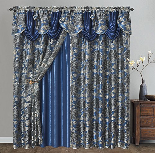 GOHD Royal Rosarium Voile-Jacquard-Fenstervorhang mit Volant und TAFT-Rückseite, 2-teiliges Set, 137,2 x 213,4 cm + Volant 45,7 cm, Nachtblau von GOHD GOLDEN OCEAN HOME DECOR