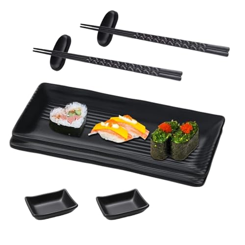 GOIEHIR 8-tlg. Sushi Platte Schiefer mit Dipschalen, 21 × 10cm Sushi Geschirr Schieferplatten mit Stäbchen, Ablagebänkchen Dipschalen Schiefertellern für 2 Personen von GOIEHIR