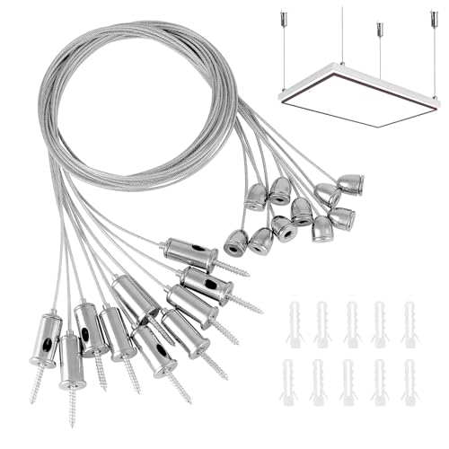 Seilaufhängung Einbauset, 10 Stück Seilabhängung Einbauset, 1,5 mm x 1 Meter Edelstahl Drahtseilhalter mit Verstellbarer Spannvorrichtung, Schwerlast-Deckenbefestigung für LED-Panel, Werbeleuchtung von GOIEHIR