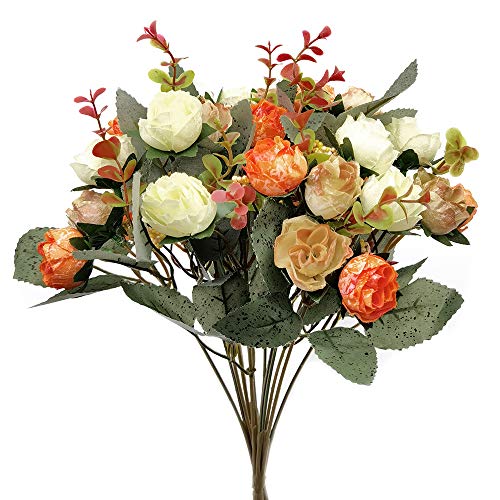 GOIYZTTR 2 Blumenstrauß Rosen Künstliche Blumen mit 21 Köpfe Rosen für Hochzeitsfeier, Zuhause, Haus Garten, Partys Dekoration, Tisch-Mittelstücke, 7 Stiele, Orange von GOIYZTTR