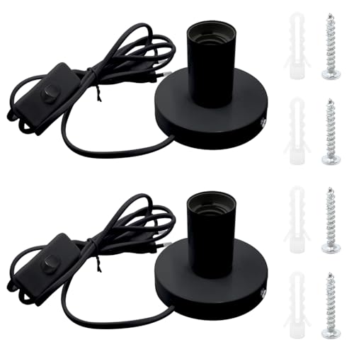 GOIYZTTR 2 Stück Vintage E27 Tischlampenfuß Schreibtischlampe Lampenfassung mit Kabelschalter E27 Fassung Schwarz mit 1,8m Netzkabel Schraubring Schalter für Pendelleuchte Lampenaufhängung von GOIYZTTR