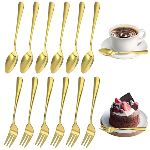 GOIYZTTR 24 Stücke Gabeln und Löffel Set Golden Teelöffel Und Kuchengabeln Aus Edelstahl Modernes & Elegantes Esslöffel und Tafelgabeln Set Für Party Hochzeits,Restaurant(12 Löffel+12 Gabeln) von GOIYZTTR