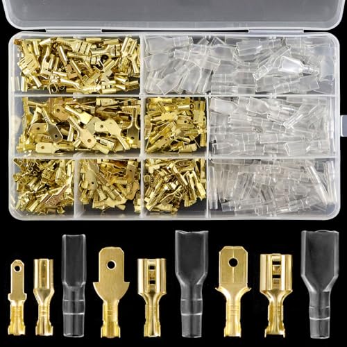 GOIYZTTR 450 Stück Kabelschuhe Set Gold Flachsteckhülsen mit Isolierhülse Sortiment Kit 2,8 mm 4,8 mm 6,3 mm Spade Kabelschuhe Für Elektrische Verbindungen von GOIYZTTR