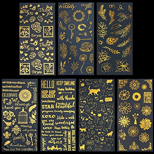 GOIYZTTR 7 Blatt Gold Scrapbooking Sticker Verschiedene Muster Scrapbooking Sticker Selbstklebende Wasserdichte Aufkleber Für Scrapbook-Aufkleber und DIY-Basteln von GOIYZTTR