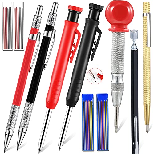 GOJLEX Tischler Bleistifte Set, 11 Tieflochmarker Set Hartmetall Anreißer Marker Markierung Magnet Teleskopstab Solide Tischler Druckbleistift Werkzeug mit Eingebautem Spitzer, 24+12 Ersatzminen von GOJLEX