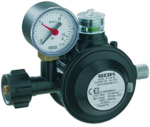 GOK Gasdruckregler EN61-DS PRO 1,5kg/h Regulierventil, schwarz, mit Manometer von GOK