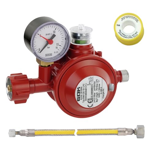 GOK Anschlussset Pro, Set aus Gasdruckminderer, Gasanschlussschlauch 1m und Abdichtungsband, für den direkten Anschluss von Geräten an die Gasflasche, Betriebsdruck:50 mbar von GOK