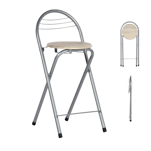 GOKHOMX 1 Stück Klapphocker Faltbar mit Lehne, Tragbarer Faltbarer Hocker Barhocker Klappbarer Outdoor Gartenhocker Klappbar für Garten Balkon Küche Bars Camping, Sitzhöhe 61 cm (Eiche und Silber) von GOKHOMX