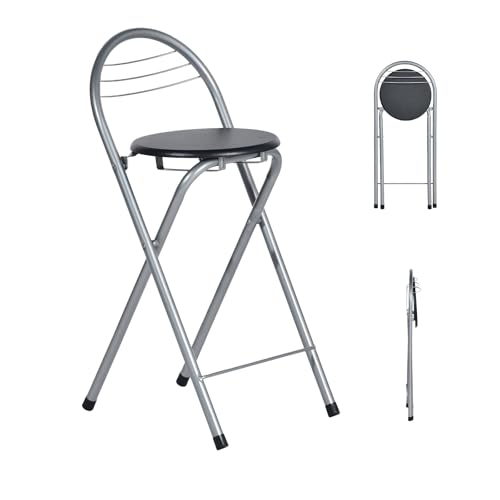GOKHOMX 1 Stück Klapphocker mit Lehne, Tragbarer Faltbarer Hocker Outdoor Barhocker Gartenhocker Klappbarer für Küche Bar Garten, Keine Montage Erforderlich, Sitzhöhe 61 cm (Schwarz und Silber) von GOKHOMX