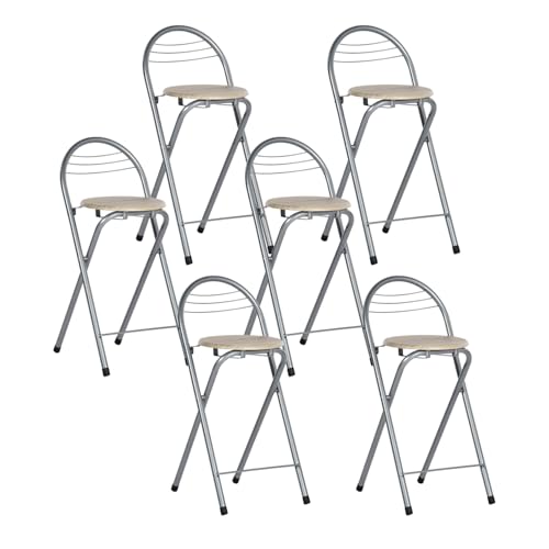 GOKHOMX Barhocker Klappbar 6er Set, Klappbarer Barhocker mit Lehne Faltbar Klapphocker Tragbarer Hocker Klappbar für Bar Küche Balkon oder Outdoor, Sitzhöhe 61 cm, Eiche und Silber von GOKHOMX