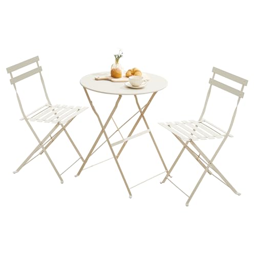 GOKHOMX Bistrotisch mit 2 Stühlen, Bistro Set 3-teilig klappbar Balkontisch mit 2 Stühlen Gartenmöbel wetterfestes Balkonset Balkonmöbel klappbar Set 3 Teilig für Balkon Terrasse Outdoor, Beige von GOKHOMX