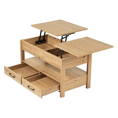 GOKHOMX Couchtisch Höhenverstellbar mit Lichtband, Höhenverstellbarer Couchtisch Wohnzimmertisch Holz Kaffeetisch mit 2 Schublade und Stauraum für Wohnzimmer Café Balkon, 100x50x(47,5–62) cm von GOKHOMX