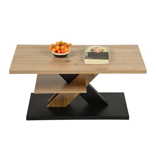 GOKHOMX Couchtisch Holz mit Stauraum, Wohnzimmertisch Rechteckig Couchtisch Holz Stabiler Kaffeetisch mit Holzplatte und Schwarzem Sockel für Wohnzimmer Büro Café Balkon Terrasse, 100x50x45 cm von GOKHOMX