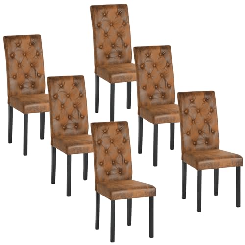 GOKHOMX Esszimmerstühle, 6 Stück, 6 Stühle aus Wildleder mit Knöpfen, gepolsterte Esszimmerstühle, elegante Küchenstühle mit Beinen aus Massivholz und gepolsterter Sitzfläche, braun von GOKHOMX