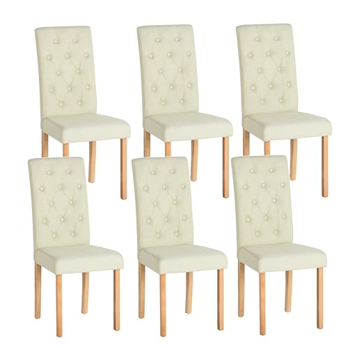 GOKHOMX Esszimmerstühle, 6 Stück, beige, aus Leinenstoff, modische Wohnzimmerstühle mit Nieten, Knopfpolsterung, Füße aus Massivholz von GOKHOMX