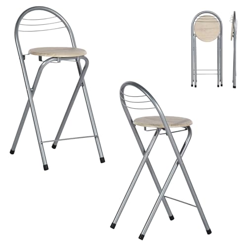 GOKHOMX Klapphocker Faltbar 2er Set, Tragbarer Faltbarer Hocker Barhocker Klappbarer mit Lehne Outdoor Gartenhocker Klappbar für Garten Balkon Küche Bar Outdoor, Sitzhöhe 61 cm (Eiche und Silber) von GOKHOMX