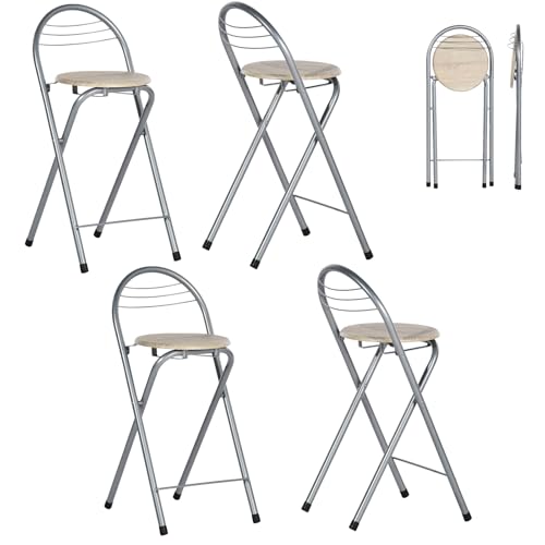 GOKHOMX Klapphocker Faltbar 4er Set, Tragbarer Faltbarer Hocker Barhocker Klappbarer mit Lehne Outdoor Gartenhocker Klappbar für Garten Balkon Küche Bar, Sitzhöhe 61 cm (Eiche und Silber) von GOKHOMX