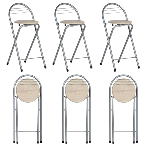 GOKHOMX Klapphocker Faltbar 6er Set, Tragbarer Faltbarer Hocker Barhocker Klappbarer mit Lehne Outdoor Gartenhocker Klappbar für Garten Balkon Küche Bar, Sitzhöhe 61 cm (Eiche und Silber) von GOKHOMX