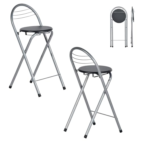 GOKHOMX Klapphocker mit Lehne 2er Set, Tragbarer Klapphocker Faltbarer Hocker Outdoor Barhocker Gartenhocker Klappbar für Garten Balkon Küche Bars, Sitzhöhe 61 cm (Schwarz und Silber) von GOKHOMX