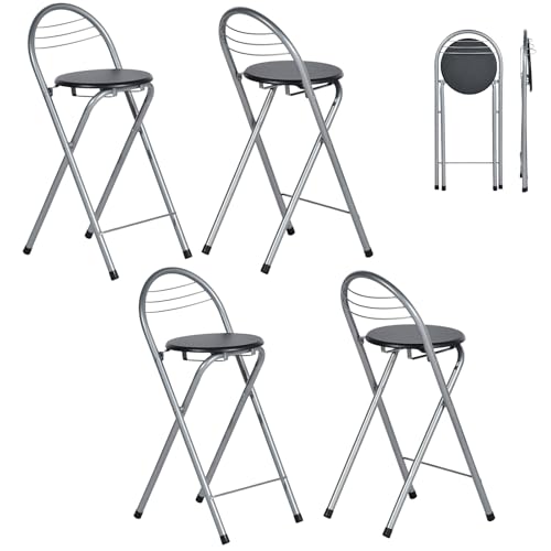 GOKHOMX Klapphocker mit Lehne 4er Set, Tragbarer Klapphocker Faltbarer Hocker Outdoor Barhocker Gartenhocker Klappbar für Garten Balkon Küche Bars, Sitzhöhe 61 cm (Schwarz und Silber) von GOKHOMX