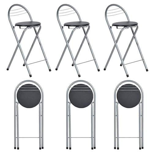 GOKHOMX Klapphocker mit Lehne 6er Set, Tragbarer Klapphocker Faltbarer Hocker Outdoor Barhocker Gartenhocker Klappbar für Garten Balkon Küche Bars, Sitzhöhe 61 cm (Schwarz und Silber) von GOKHOMX