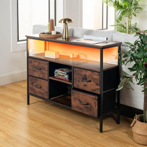 GOKHOMX Kommode mit 4 Schubladen, Schubladenschrank mit 2 USB-Ports 2 AC-Steckdosen und Farbigen LED-Streifen, Komodenschrank für Schlafzimmer Wohnzimmer Flur Eingangsbereich, 110 x 30 x 78 cm von GOKHOMX