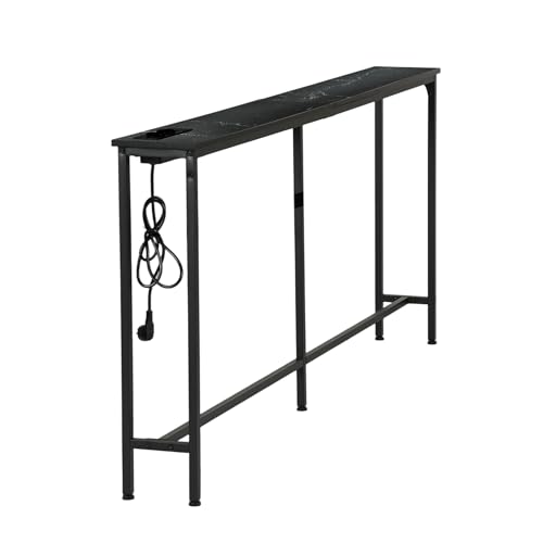 GOKHOMX Konsolentisch, schmal, mit Ladestation, Eingangskonsole, schmal, 180 cm, für Wohnzimmer, Eingang, Flur, Halle, Marmoroptik (Schwarz, 180 x 20 x 80,5 cm) von GOKHOMX