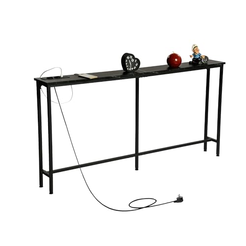 GOKHOMX Konsolentisch, schmal, mit Ladestation, schmaler Eingangstisch, 160 cm, Konsole, hinter dem Sofa, für Wohnzimmer, Eingang, Flur, Halle, Marmoroptik (Schwarz, 160 x 20 x 80,5 cm) von GOKHOMX
