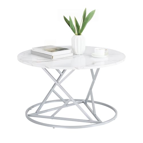 GOKHOMX Runder Couchtisch in Marmoroptik, Couchtisch weiß Wohnzimmertisch Rund mit silbernen Beinen Modern Kaffeetisch Beistelltisch für Wohnzimmer Lounge Balkon Outdoor, 80 × 80 cm, Weiß und Silber GOKHOMX Runder Couchtisch in Marmoroptik, Couchtisch weiß Wohnzimmertisch Rund mit silbernen Beinen Modern Kaffeetisch Beistelltisch für Wohnzimmer Lounge Balkon Outdoor, 80 × 80 cm, Weiß und Silber von GOKHOMX
