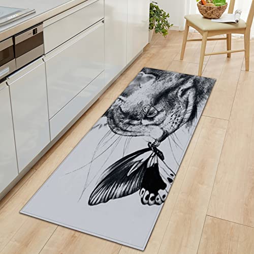 GOKSEL Komfort Küchenläufer Doodle Katze&Schmetterling rutschfeste Küchenteppich, Gummirücken Küchenmatte Teppichläufer für Esszimmer, Küche, Flur 60 x 180cm von GOKSEL