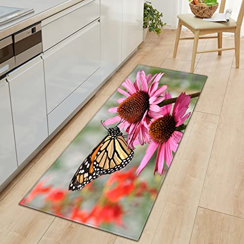 GOKSEL rutschfeste Küchenmatten Rosa Blumen & Schmetterlinge Teppiche Waschbare Gummiunterlage Fußmatte Mikrofaser Teppichset 50 x 140cm von GOKSEL