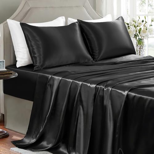 GOLAL Satin-Bettlaken Queen-Size-Größe – 4-teiliges luxuriöses, seidig weiches Bettlaken, knitterfreies schwarzes Satin-Seiden-Bettlaken-Set mit 1 tiefen Spannbetttuch, 1 Bettlaken, 2 Kissenbezüge von GOLAL