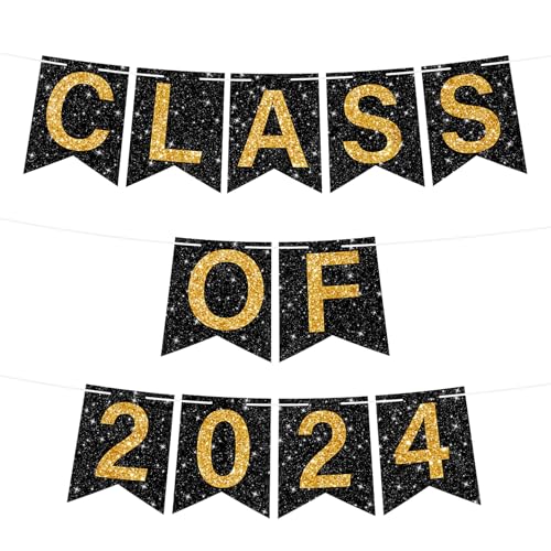 Abschlussbanner Klasse 2024 Banner Abschlussfeier Dekorationen 2024 - Schwarz und Gold Abschlussbanner Brief Schild Senior 2024 Abschlussdekorationen Partyzubehör Echter Glitzer Grad Banner von GOLDCROW