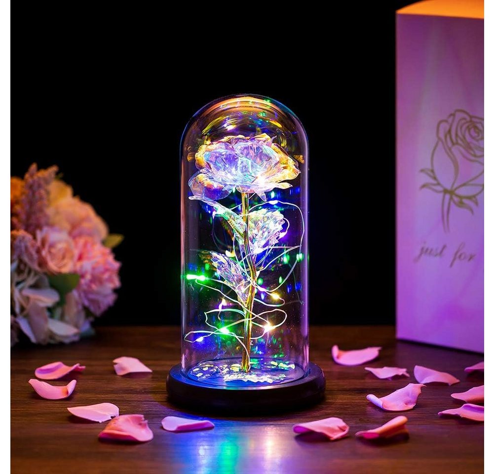 GOLDEN LED Dekofigur Das Biest Rose In Glaskuppel LED-Lichter Kristallrose Blumen Geschenk von GOLDEN