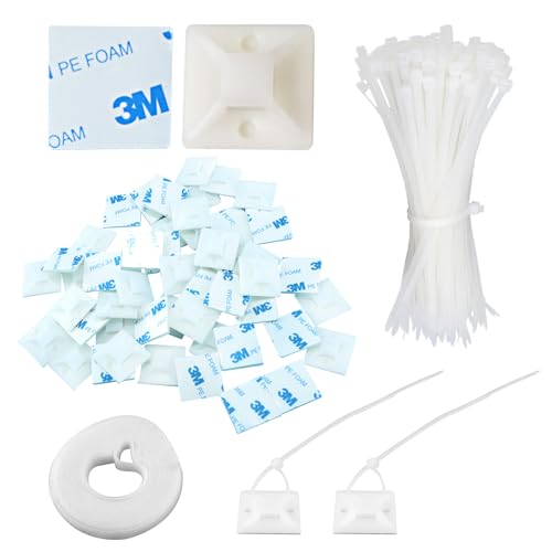 GOLDEROC Kabelmanagement Kit, 100 Stück Kabelbinder Weiß, 70 Stück große Kabelhalter, Selbstklebenden Kabelbinder Halter(2.8cm× 2.8cm), 2.5M Kabel Klettband Wiederverschließbar von GOLDEROC